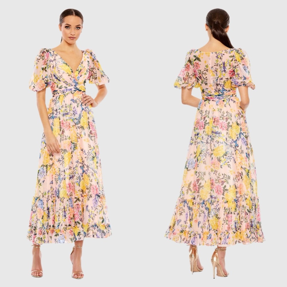 NWT Mac Duggal 68247 Floral Print Chiffon Puff Sleeve Tiered Hem Dress
